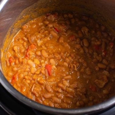 Instant Pot baked beans in pressure cooker liner.