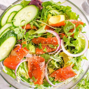 Smoked salmon salad with fresh greens.