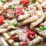 Close up of healthy tuna pasta salad.