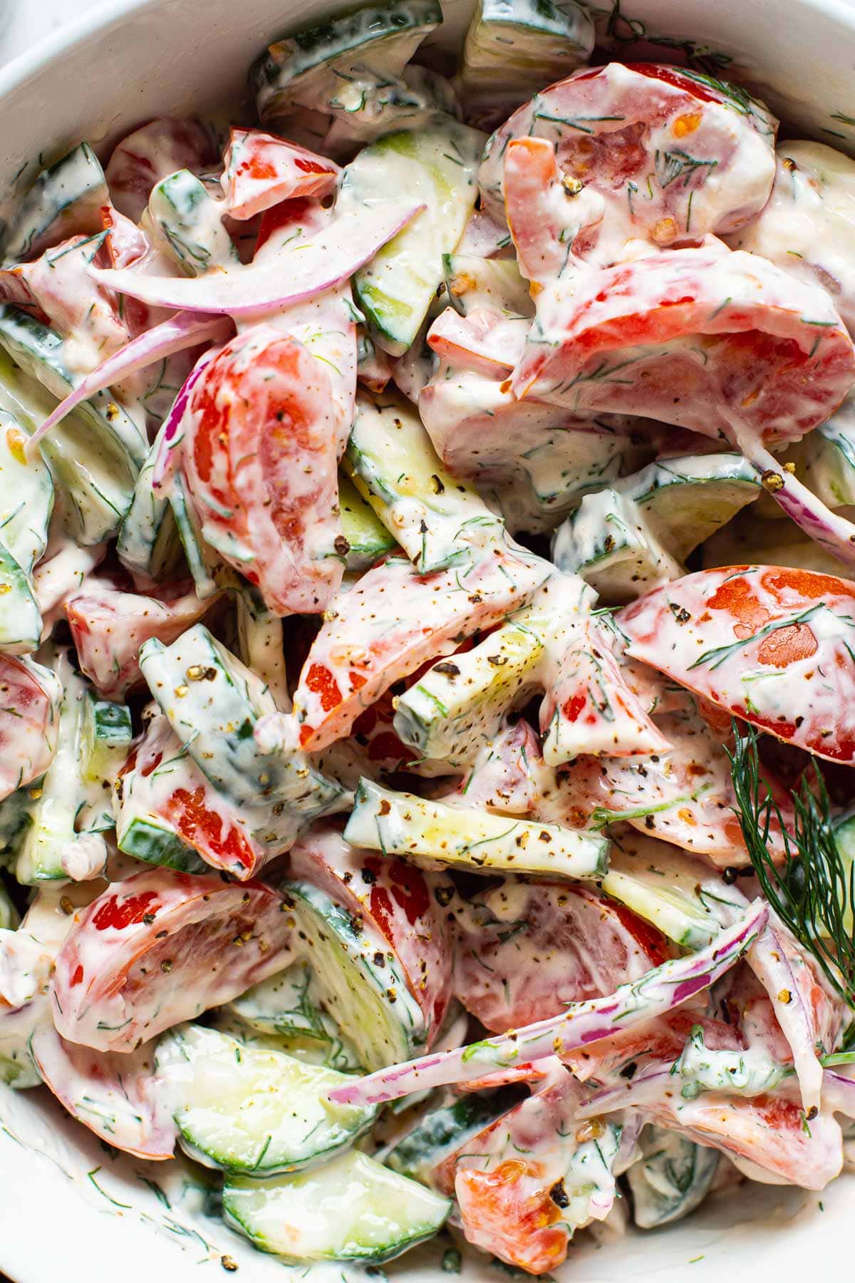 Closeup of creamy cucumber tomato salad with dill and pepper.