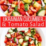 Ukrainian cucumber and tomato salad in white bowl and a close up.