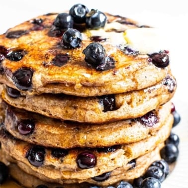 A stack of healthy blueberry pancakes.