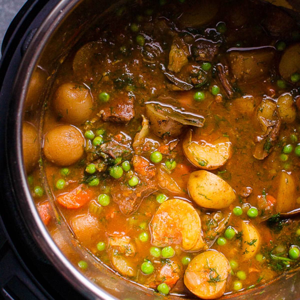 Pressure cooker pot with Instant Pot beef stew.