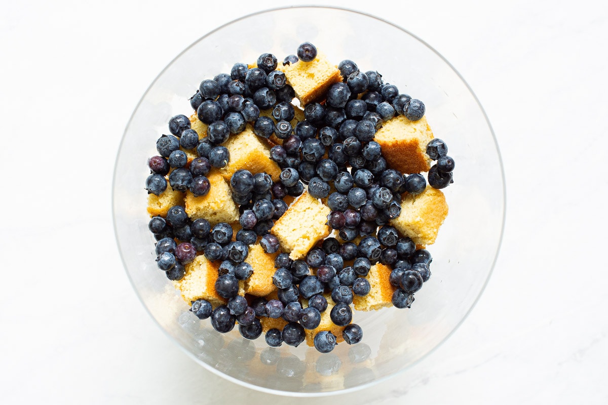A trifle dish with cubed cake and fresh blueberries. 