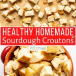 Healthy homemade sourdough croutons on parchment paper and in a bowl.