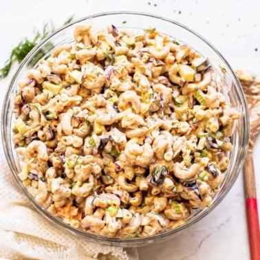 Healthy macaroni salad in a bowl.