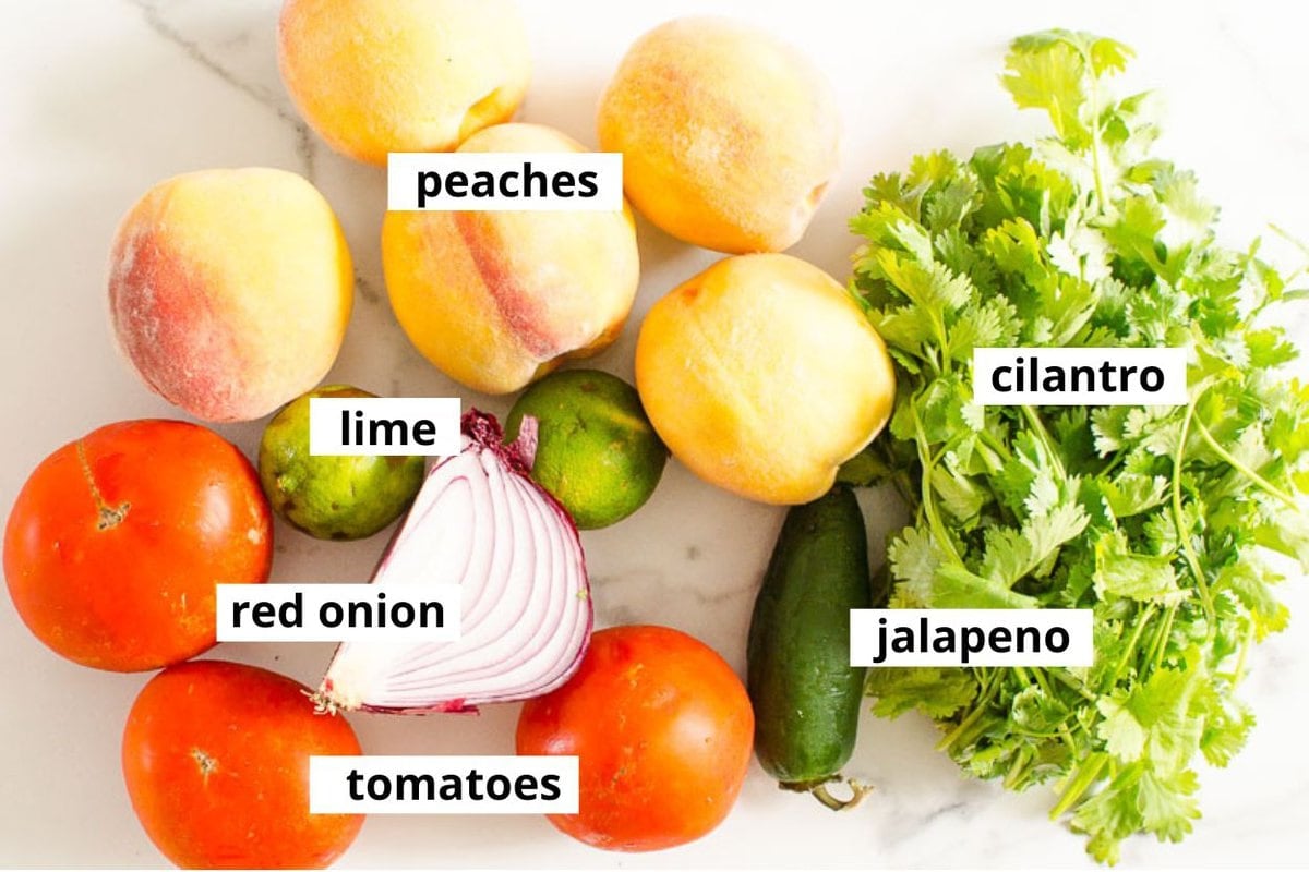 Peaches, red onion, lime, cilantro, tomatoes, jalapeno.