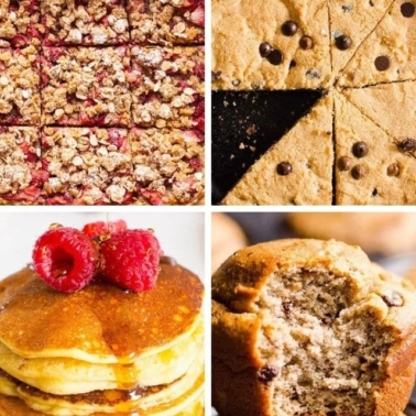 A collage of almond flour recipes including pancakes, banana muffins, bars and cookie skillet.