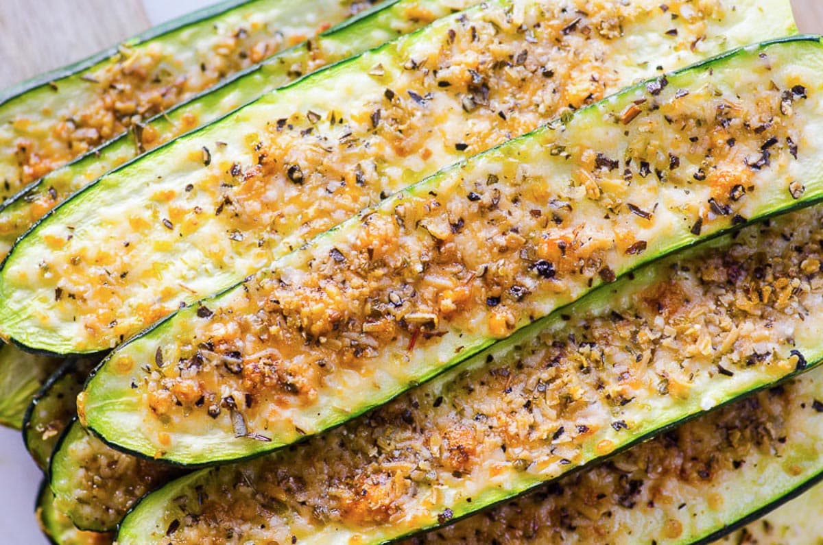 Zucchini sticks stacked.