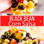 Black bean and corn salsa on a chip.