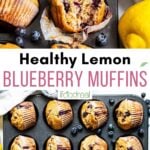 Healthy lemon blueberry muffins in a muffin tin.