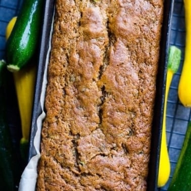 Healthy zucchini bread in a pan.