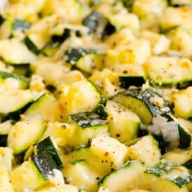 Healthy zucchini casserole in a baking dish.