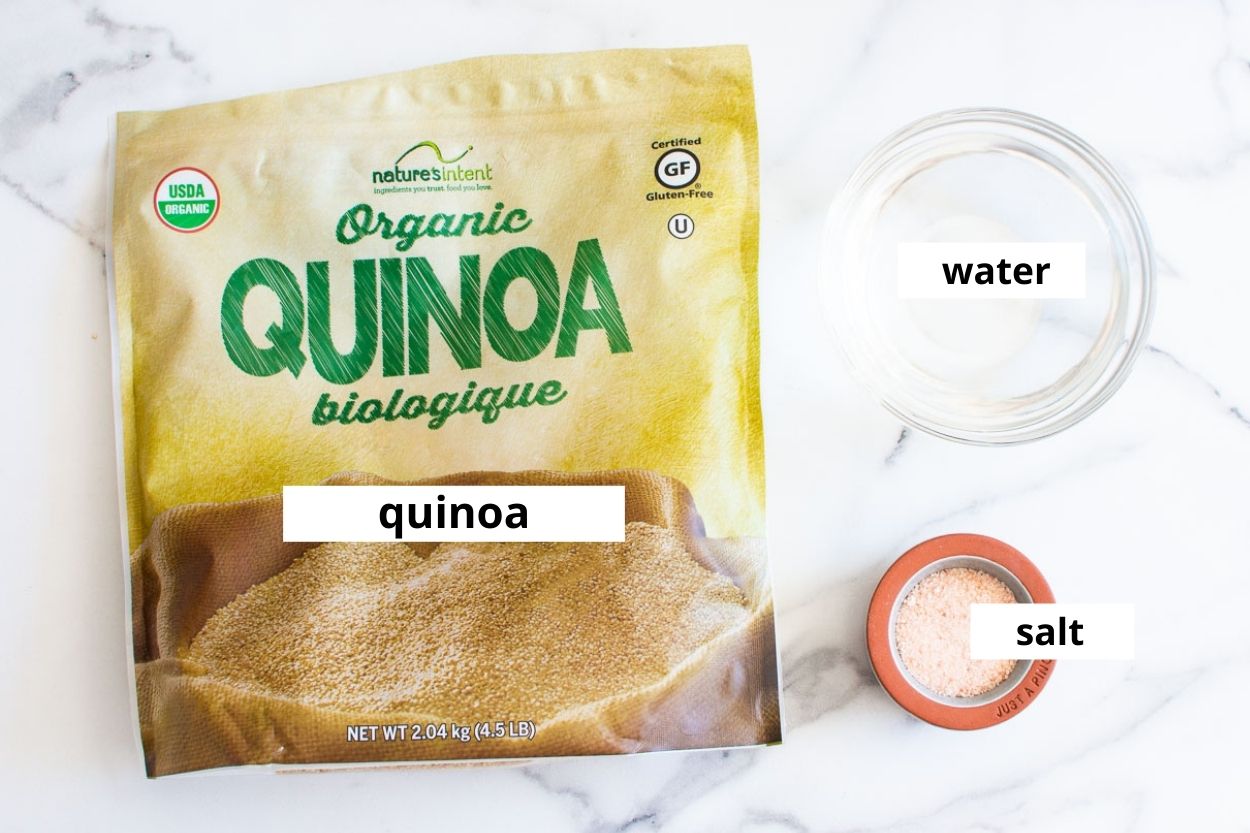 Quinoa in a bag, water in a bowl and salt.