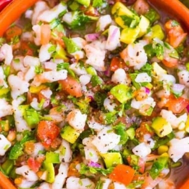 Shrimp ceviche in bowl.