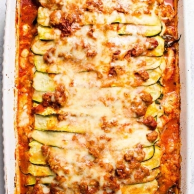 Zucchini lasagna in a baking dish.