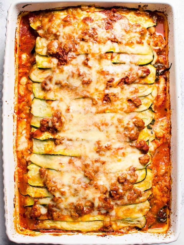 Zucchini lasagna in a baking dish.