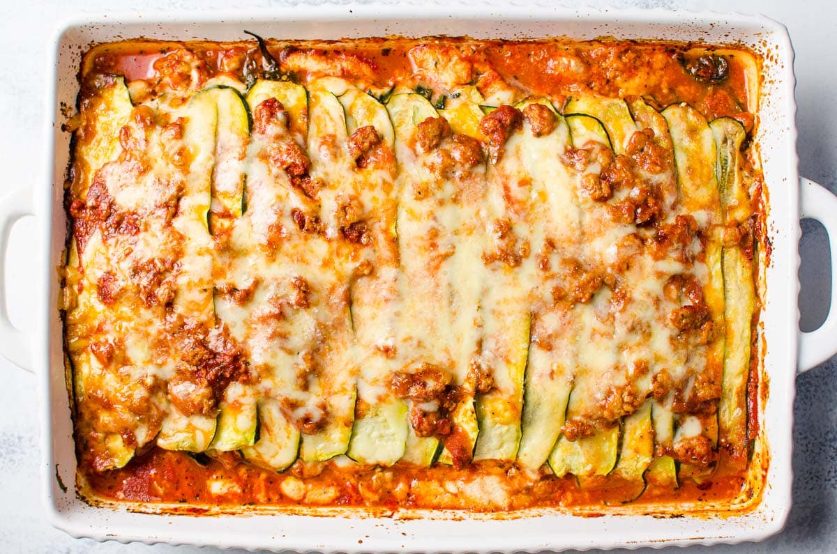 Zucchini lasagna in a baking dish.