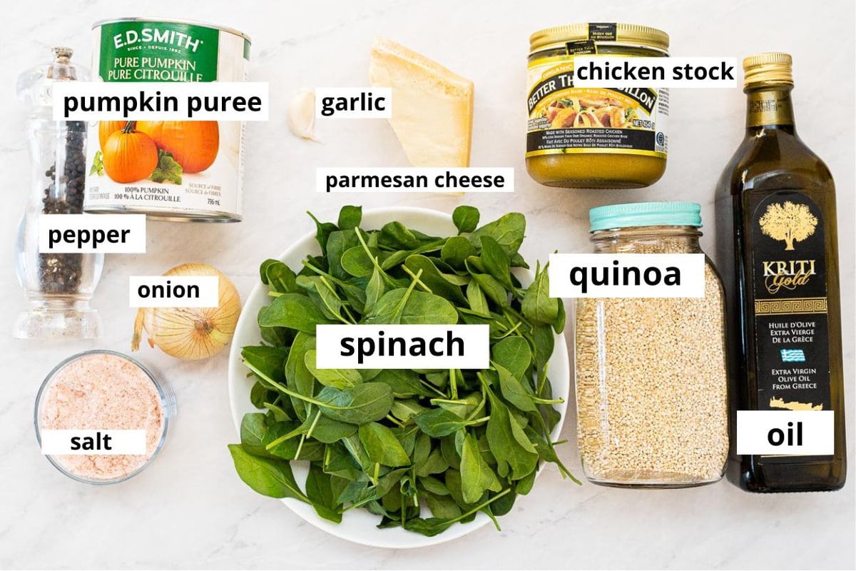 Pumpkin puree, spinach, chicken stock, onion, quinoa, salt, pepper, oil,  parmesan cheese, garlic.