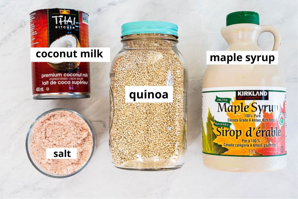 Quinoa, coconut milk, maple syrup, salt.