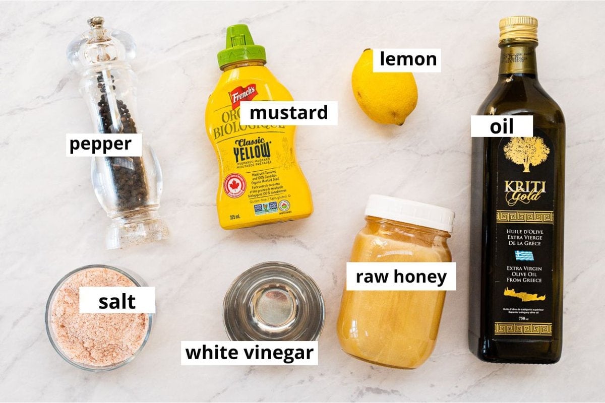 Yellow mustard, raw honey, olive oil, salt, pepper, white vinegar, lemon.