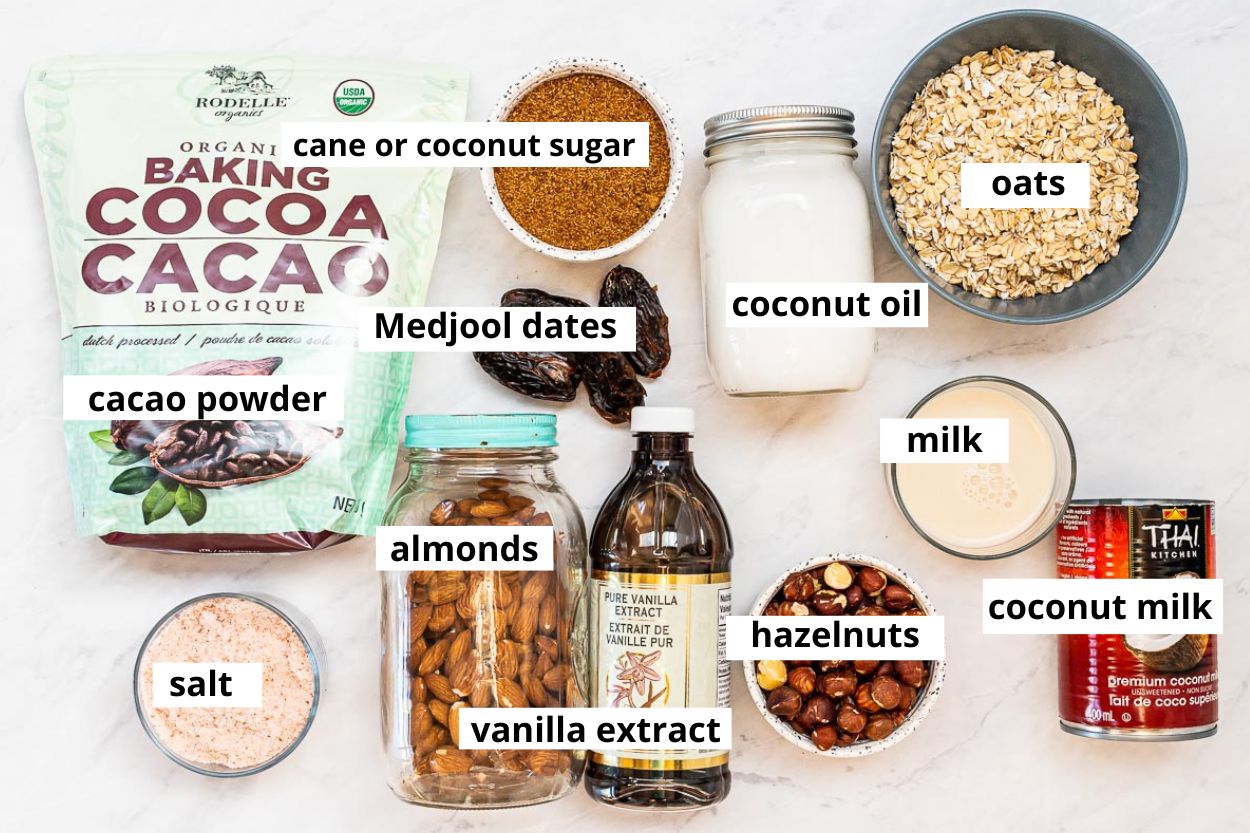 Cacao powder, coconut oil, oats, almonds, hazelnuts, milk, sugar, vanilla extract, salt, coconut milk.