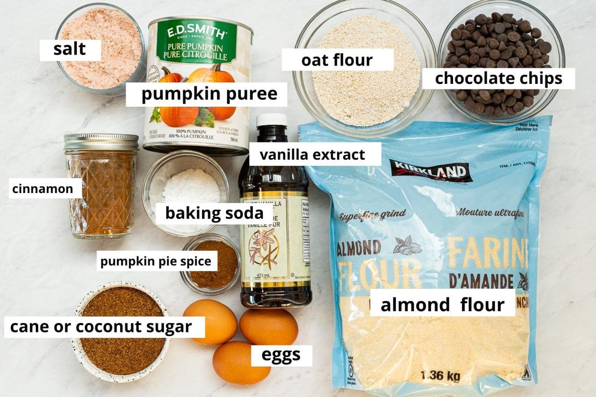 Almond flour, oat flour, pumpkin puree, chocolate chips, cinnamon, pumpkin pie spice, eggs, coconut sugar, baking soda, vanilla.