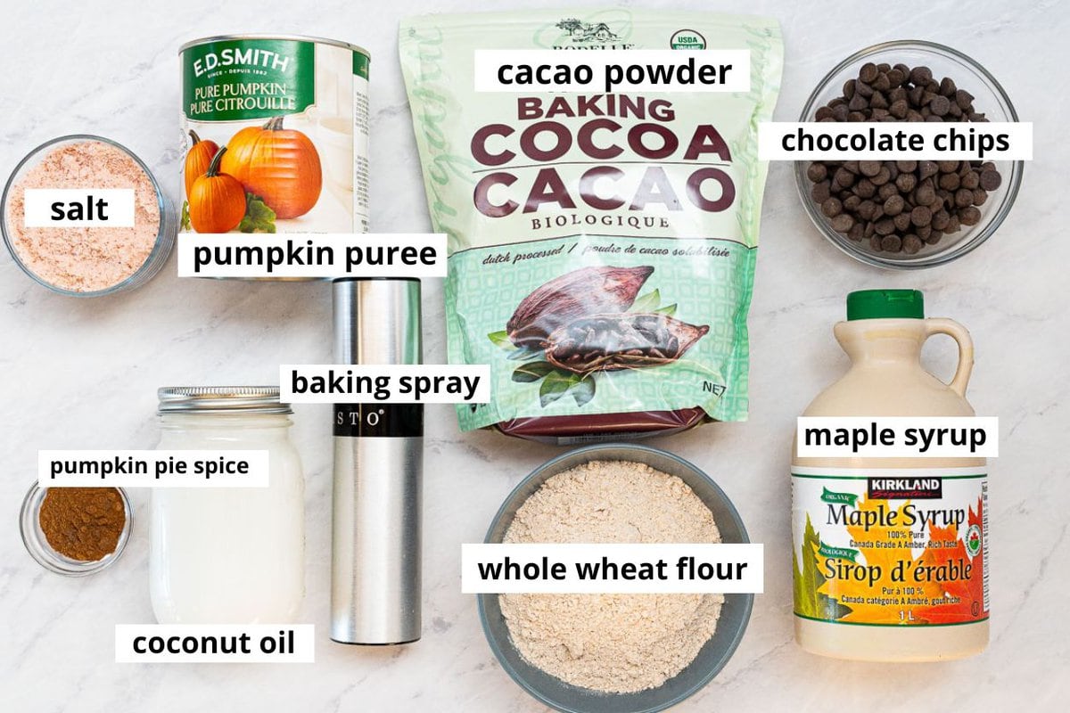Cacao powder, chocolate chips, pumpkin puree, maple syrup, whole wheat flour, coconut oil, pumpkin pie spice, salt, baking spray.