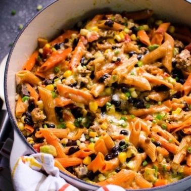 Healthy taco pasta in large skillet.