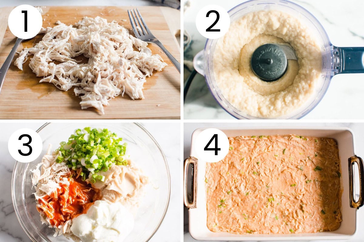 Step by step process how to make healthy buffalo chicken dip.