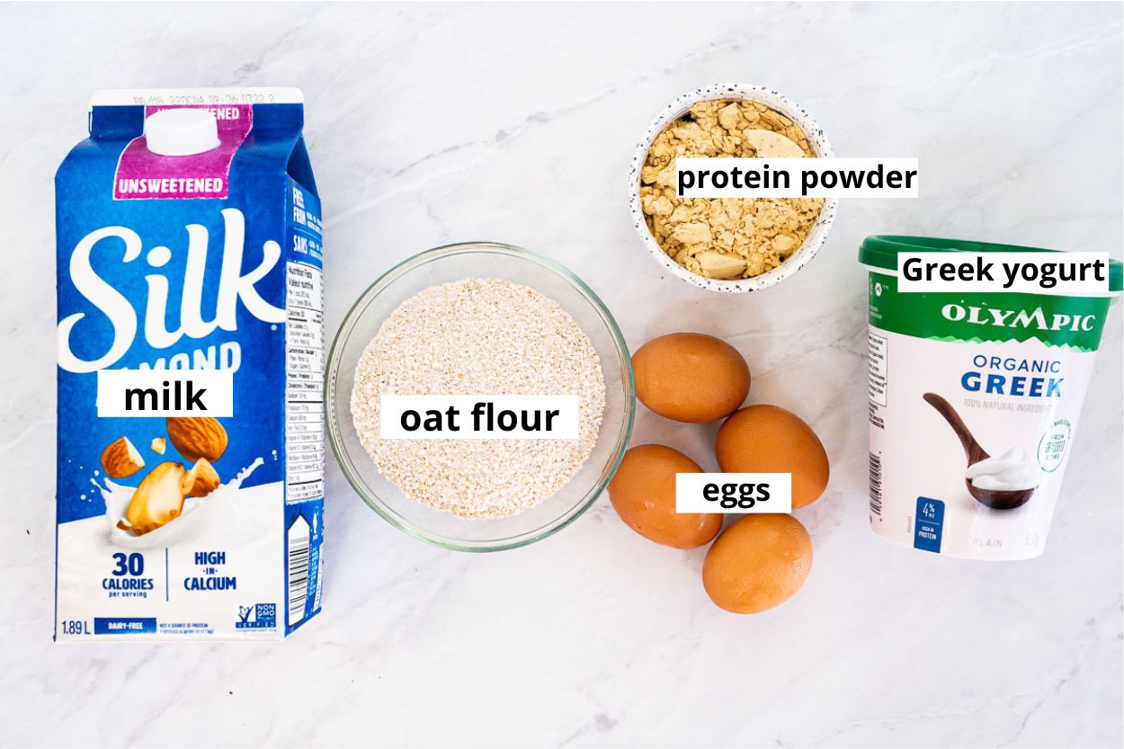 Almond milk, oat flour, protein powder, eggs, Greek yogurt.