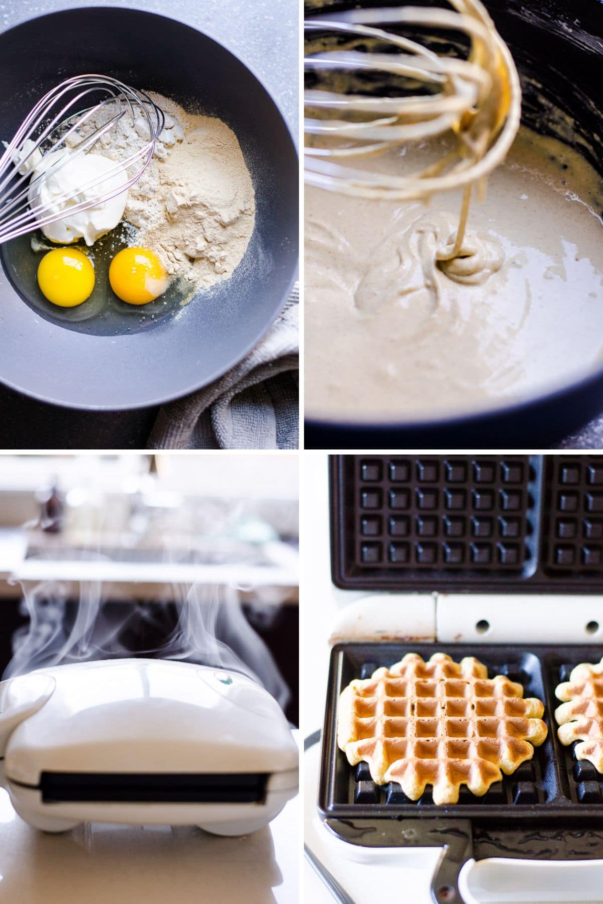 A collage step by step photos how to make waffles.