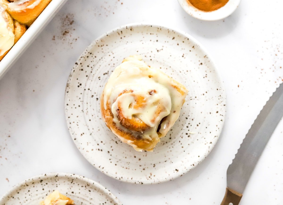 Healthy cinnamon roll on a plate.