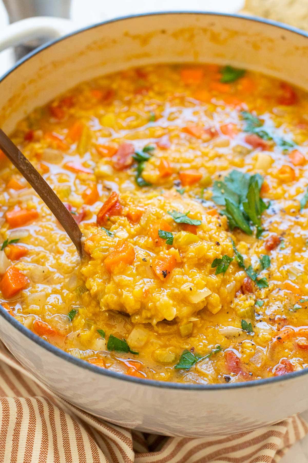 Red lentil soup in white pot scooped with a ladle and with parsley on top.