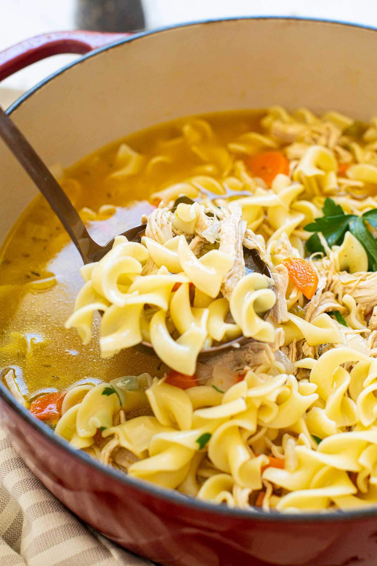 Egg noodles, shredded turkey, carrots and broth on a ladle above the pot of soup.
