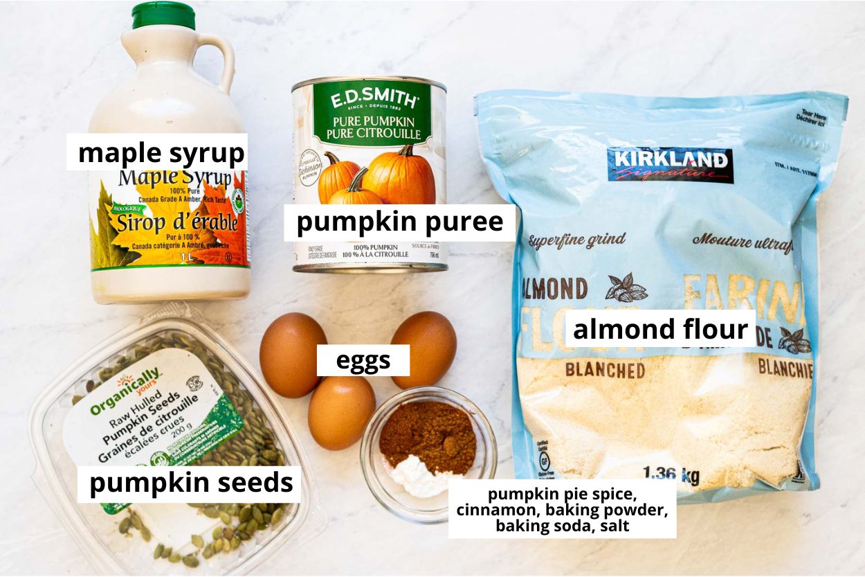 Almond flour, pumpkin puree, maple syrup, pumpkin seeds, eggs, pumpkin pie spice, cinnamon, baking powder, baking soda, salt.