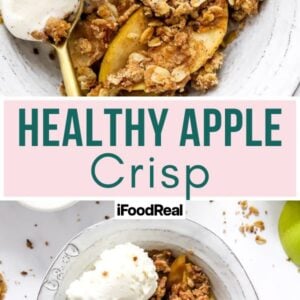 Healthy apple crisp in a bowl with ice cream.
