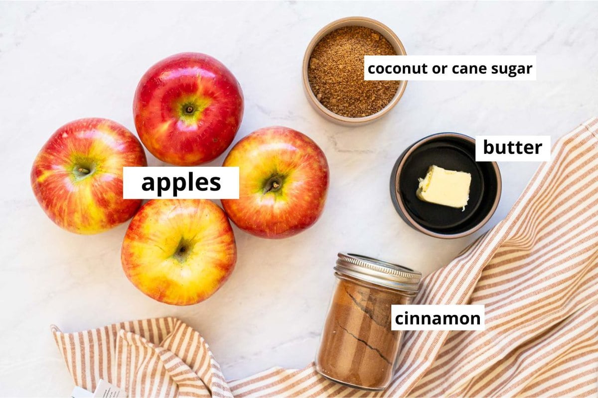 Apples, cinnamon, butter, coconut or cane sugar.