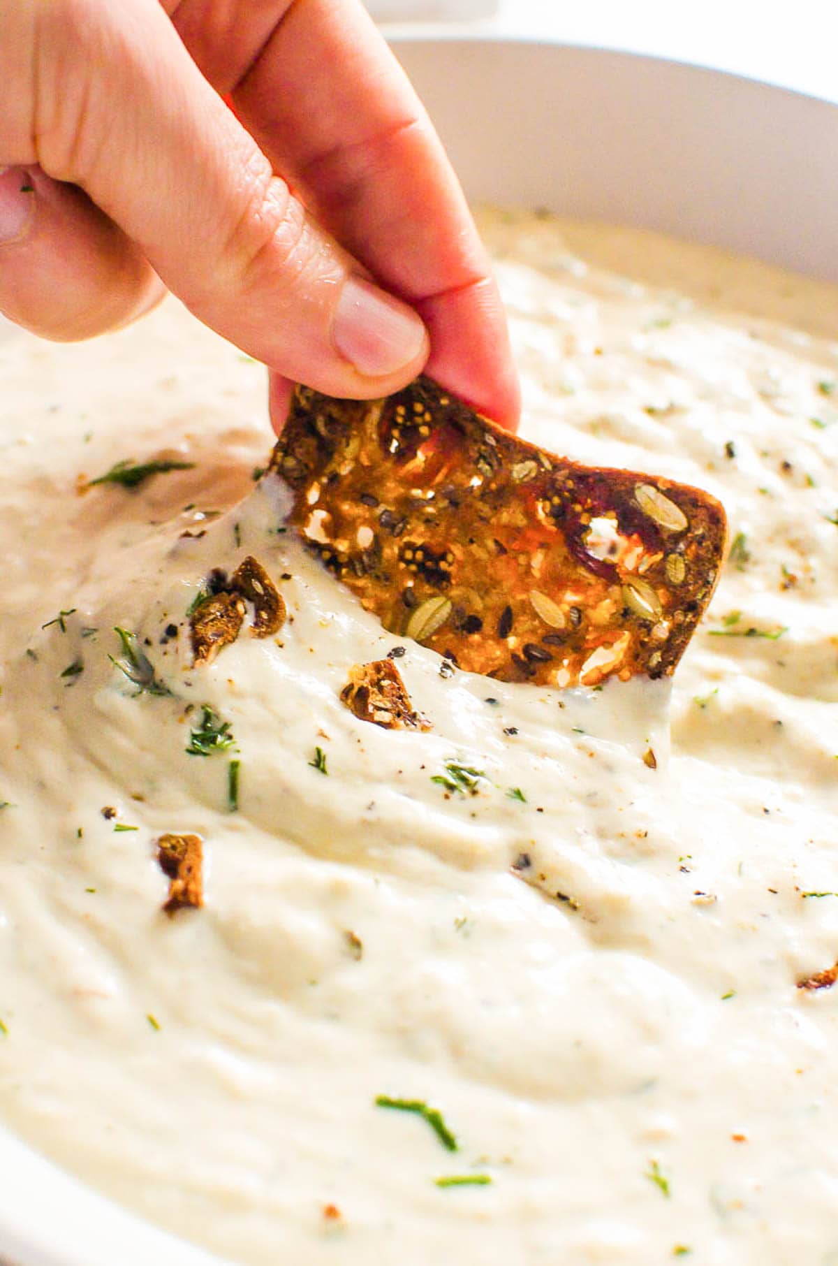 Dipping cracker in a bowl with healthy french onion dip.
