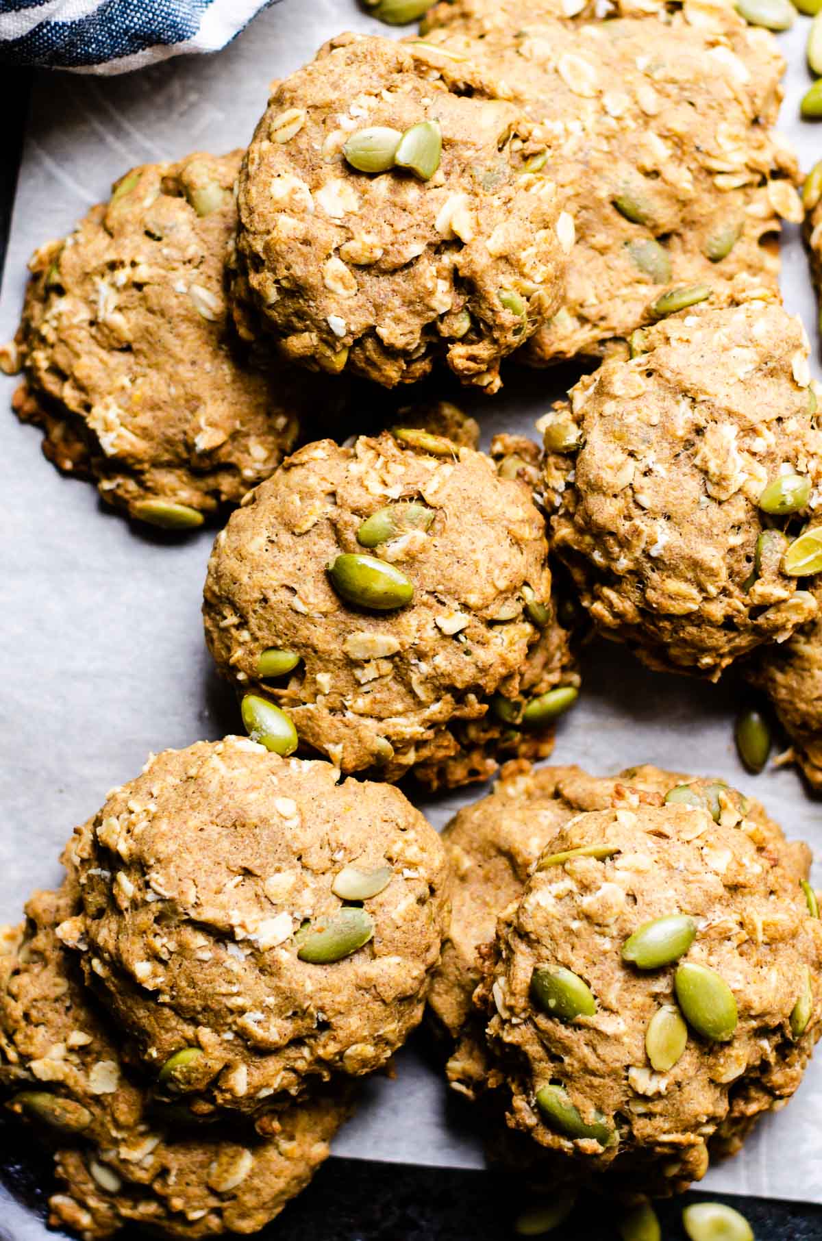 Closeup of healthy pumpkin cookies on a baking sheet.