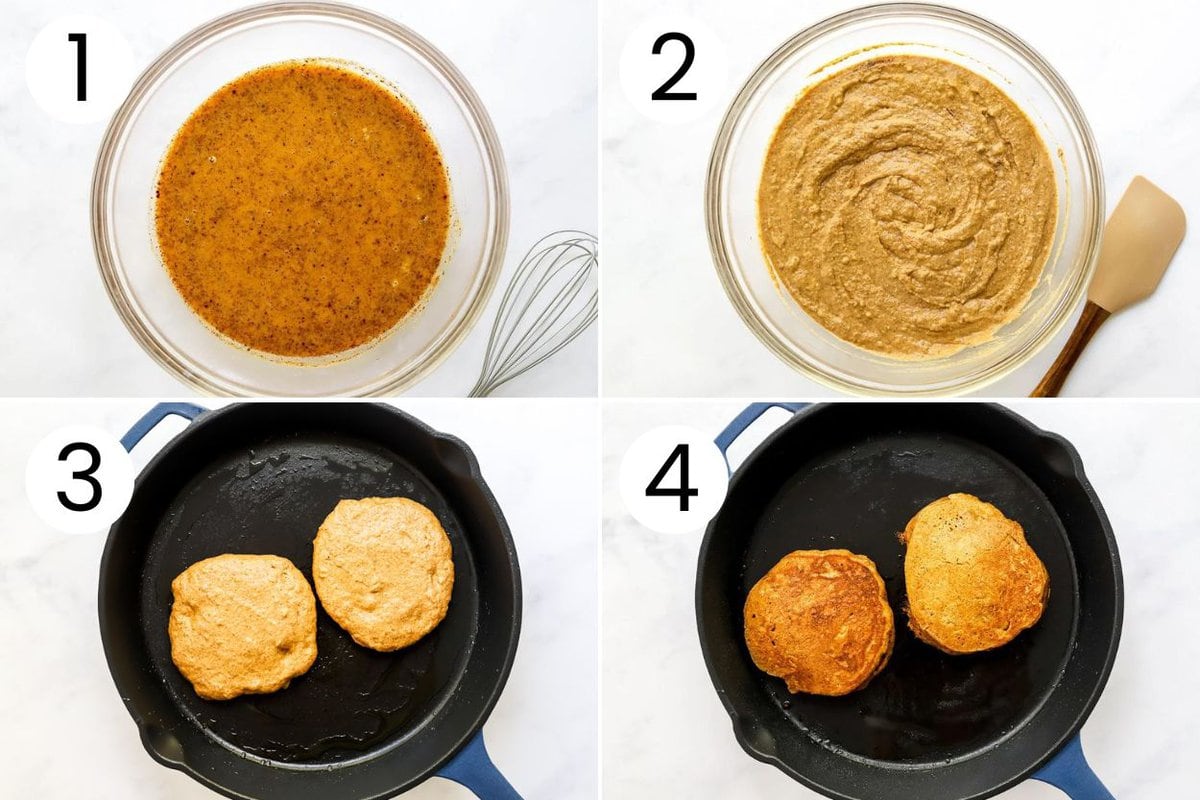 Step by step photos on how to make healthy pumpkin pancakes looking down at ingredients in bowls or skillet from above.