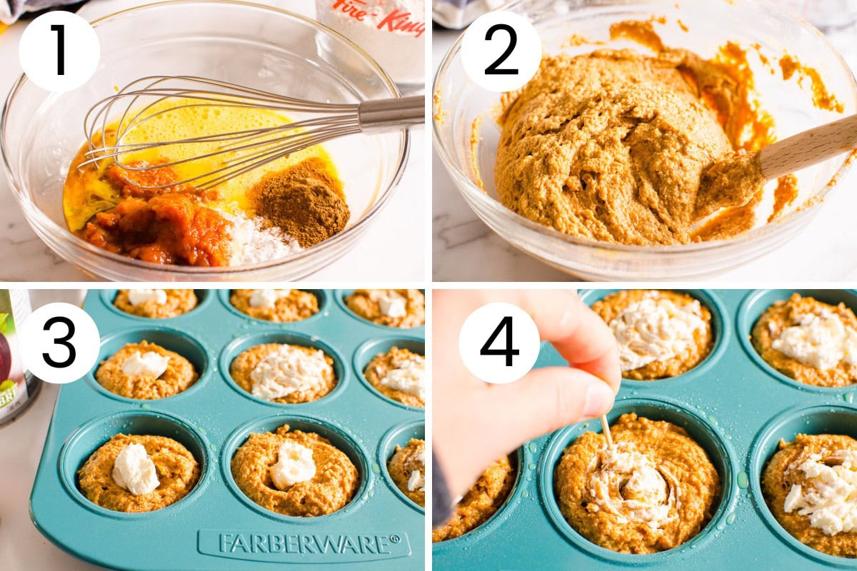 Step by step process how to make healthy pumpkin muffins.