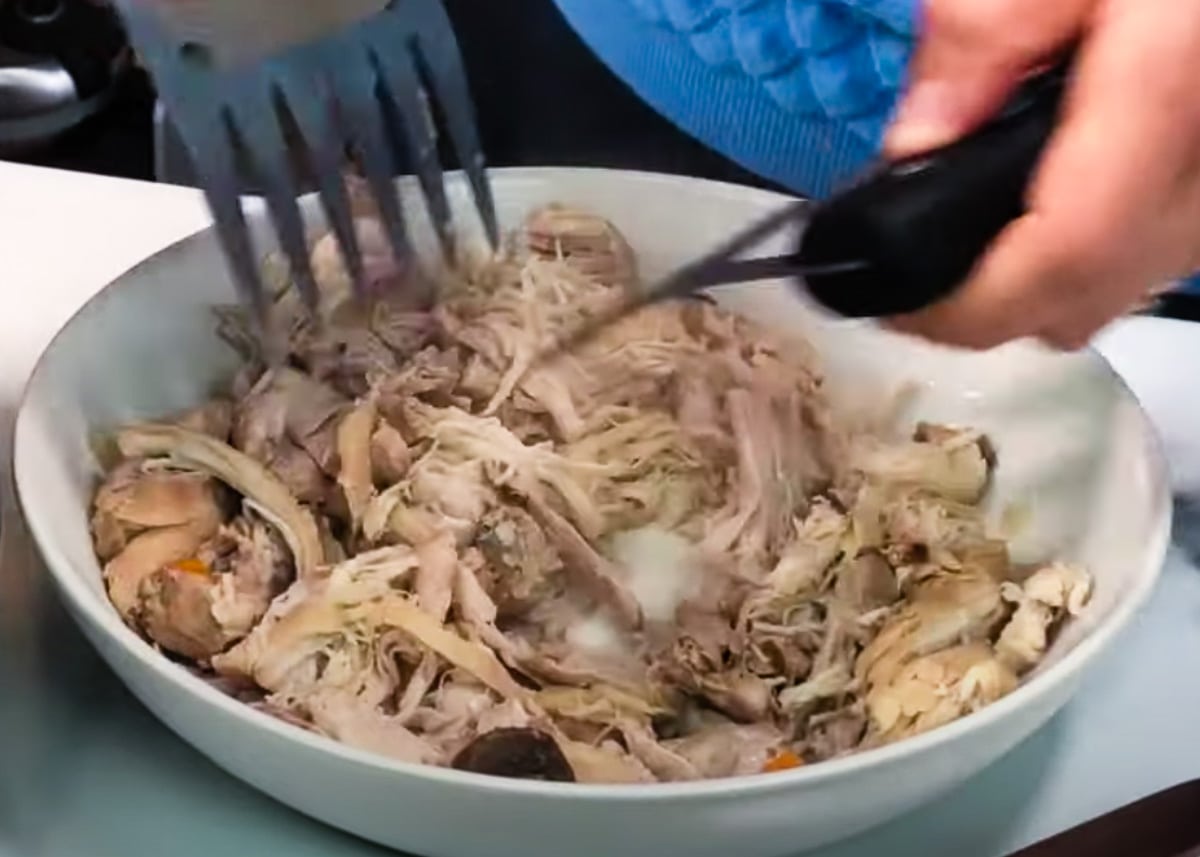 Shredding cooked chicken with meat claws on a plate.