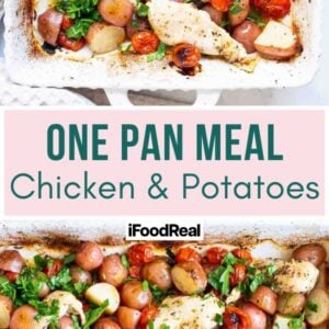 One pan chicken and potatoes in a baking dish.