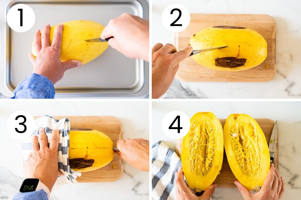 Person showing how to roast spaghetti squash whole in a collage.
