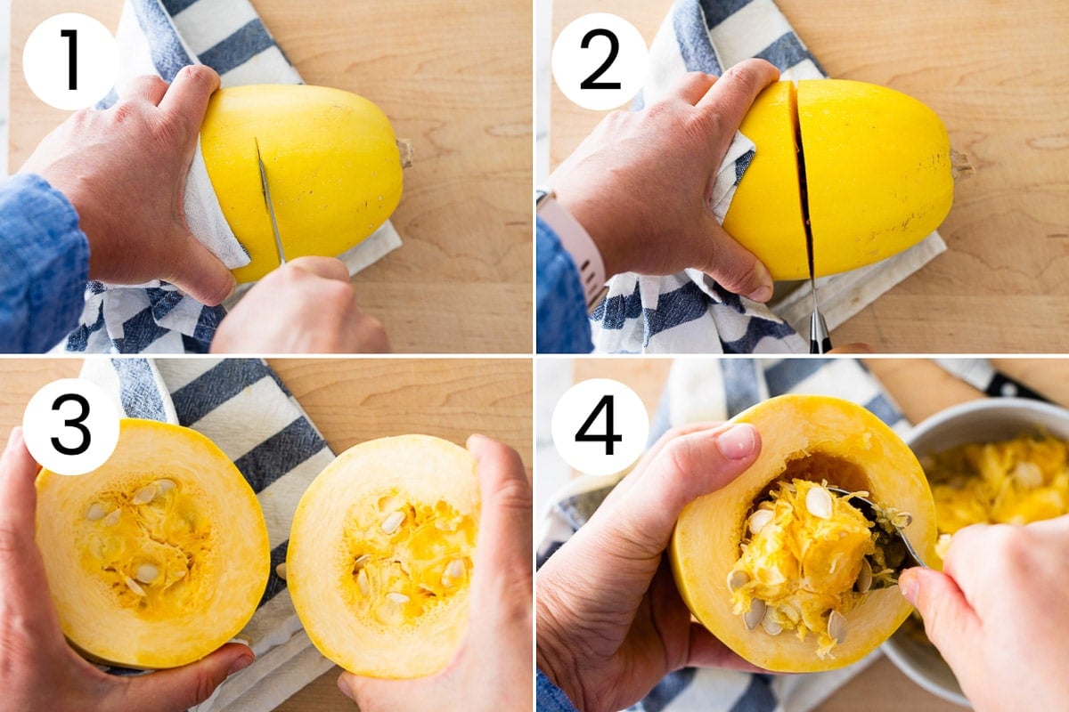 Person showing the easy way to cut spaghetti squash across the middle in four photos.