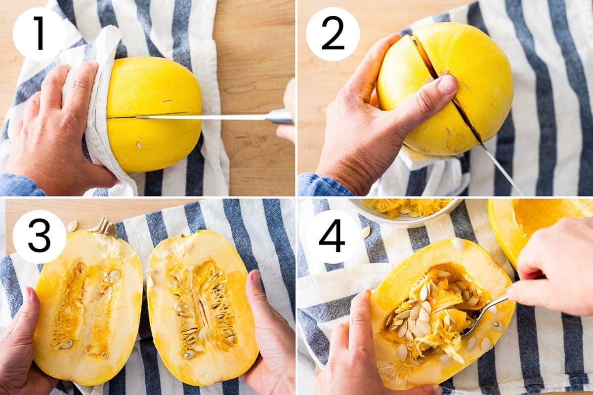 Step by step collage how to cut spaghetti squash lengthwise.