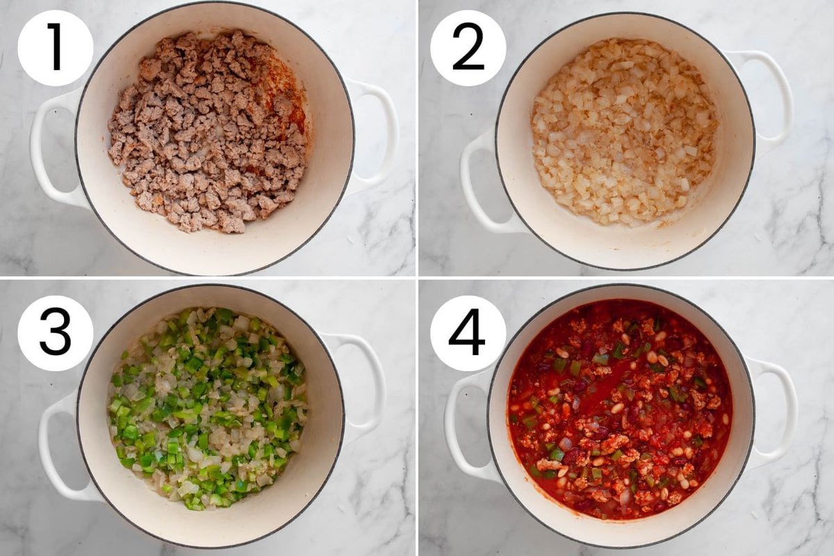 How to make turkey chili step by step collage from above.