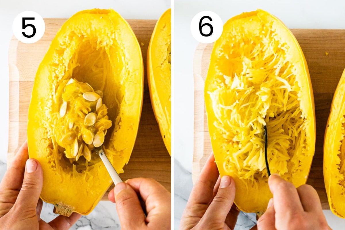 Person showing how to remove seeds and fluff spaghetti squash.