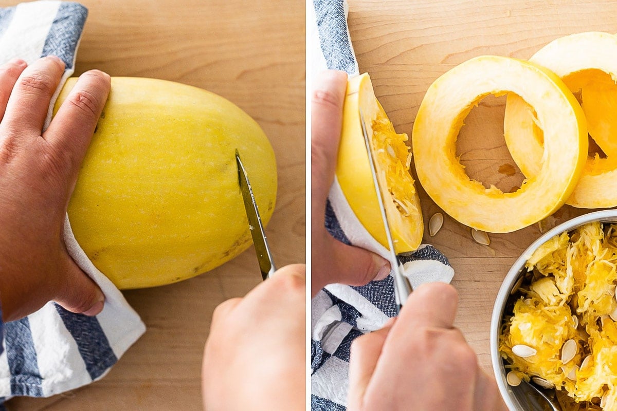 Person showing how to slice spaghetti squash into rounds.